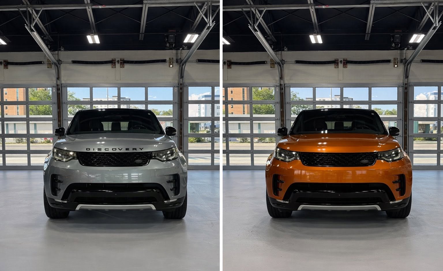 Land Rover Discovery before in silver and after in a burnt orange wrap
