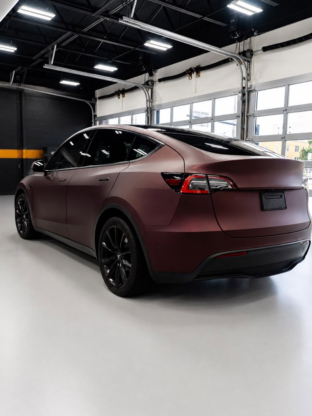 Satin burgundy Tesla Model Y with heavily tinted glass in the FILMHAUS studio