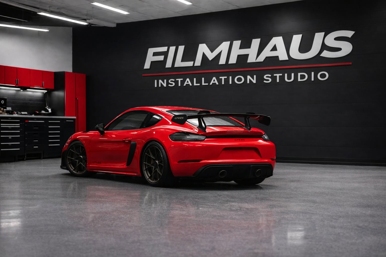 Red Porsche GT4 RS inside the FILMHAUS studio