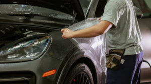 Installer laying paint protection film across a Porsche front fender